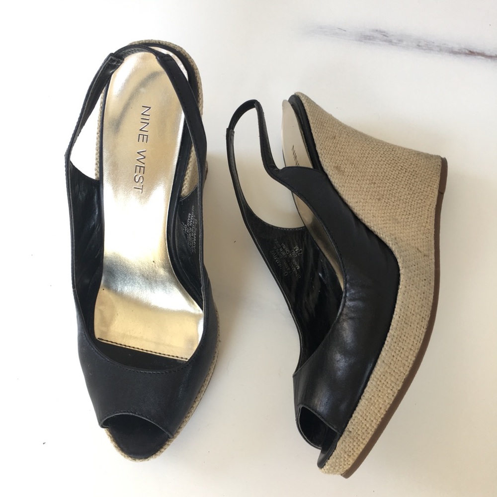 Nine West Black Leather Slingback Wedge Sz 7.5 M